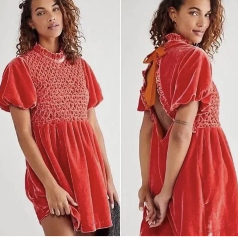 Free People Gum Drop Velvet Mini Dress Tangerine‎ XS